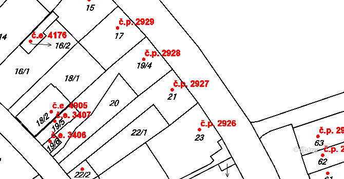 Helenín 2927, Jihlava na parcele st. 21 v KÚ Helenín, Katastrální mapa