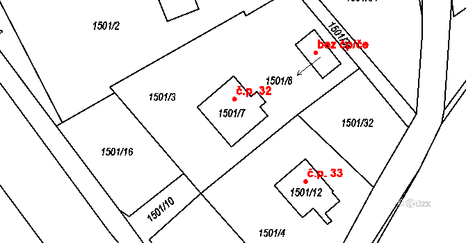 Hůrka 32, Horní Planá na parcele st. 1501/7 v KÚ Horní Planá, Katastrální mapa