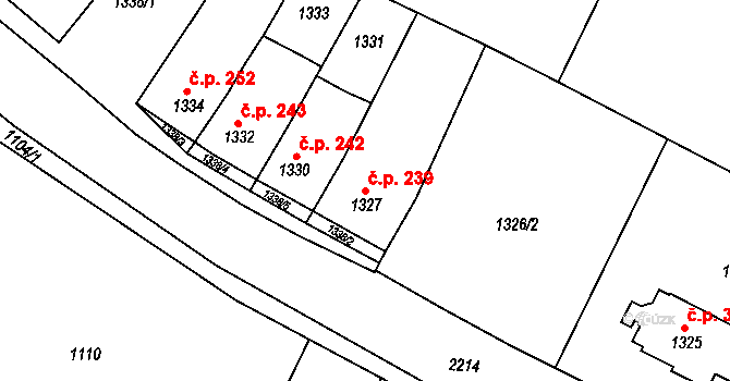 Veverská Bítýška 239 na parcele st. 1327 v KÚ Veverská Bítýška, Katastrální mapa