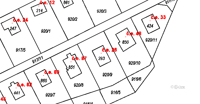 Loutí 26, Rabyně na parcele st. 293 v KÚ Rabyně, Katastrální mapa