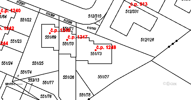Srubec 1248 na parcele st. 551/73 v KÚ Srubec, Katastrální mapa