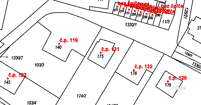 Hvožďany 131 na parcele st. 175 v KÚ Hvožďany, Katastrální mapa