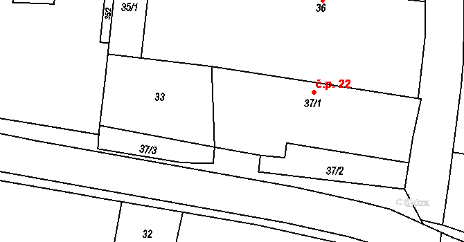 Bohušovice nad Ohří 22 na parcele st. 37/1 v KÚ Bohušovice nad Ohří, Katastrální mapa