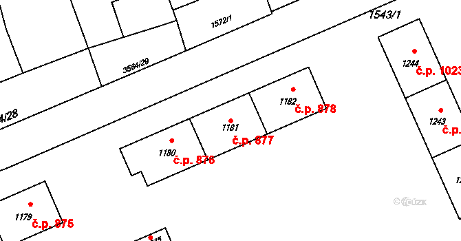 Rožnov pod Radhoštěm 877 na parcele st. 1181 v KÚ Rožnov pod Radhoštěm, Katastrální mapa