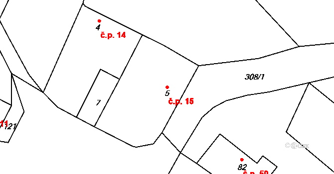 Tetín 15 na parcele st. 5 v KÚ Tetín, Katastrální mapa