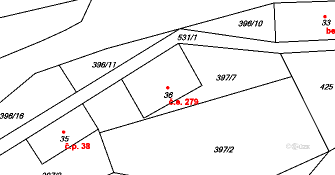 Přední Chlum 279, Milešov na parcele st. 36 v KÚ Přední Chlum, Katastrální mapa