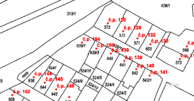 Stařečka 195, Třebíč na parcele st. 639/3 v KÚ Třebíč, Katastrální mapa