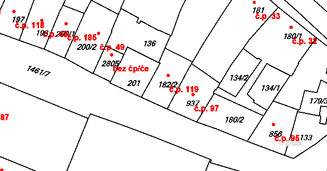 Jejkov 119, Třebíč na parcele st. 182/2 v KÚ Třebíč, Katastrální mapa