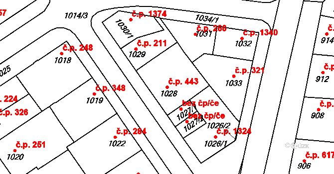 Poštorná 443, Břeclav na parcele st. 1028 v KÚ Poštorná, Katastrální mapa