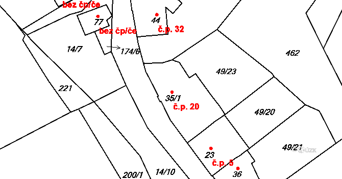 Malhostice 20, Rtyně nad Bílinou na parcele st. 35/1 v KÚ Malhostice, Katastrální mapa