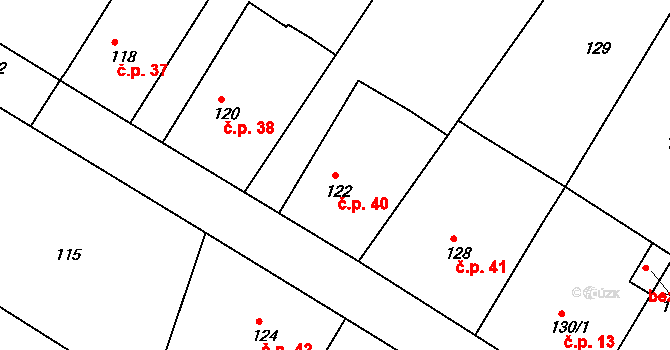 Milonice 40 na parcele st. 122 v KÚ Milonice u Lipůvky, Katastrální mapa