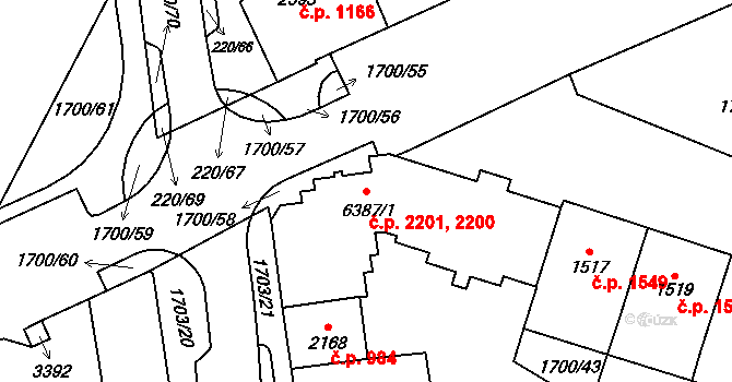Cheb 2200,2201 na parcele st. 6387/1 v KÚ Cheb, Katastrální mapa