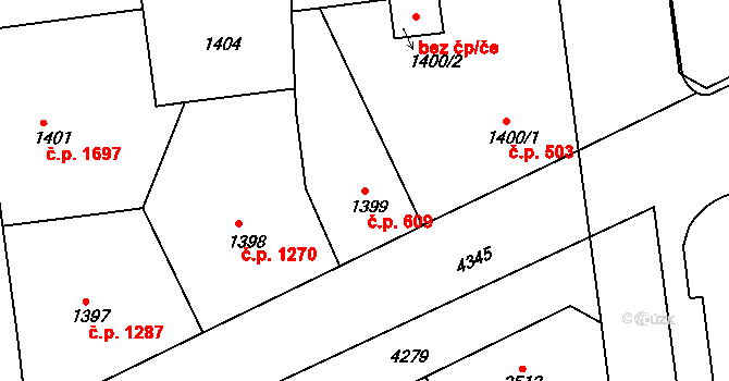 Žižkov 609, Praha na parcele st. 1399 v KÚ Žižkov, Katastrální mapa