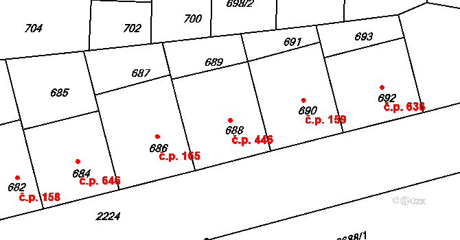 Střešovice 446, Praha na parcele st. 688 v KÚ Střešovice, Katastrální mapa