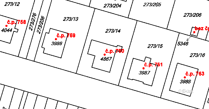 Střední Předměstí 760, Trutnov na parcele st. 4867 v KÚ Trutnov, Katastrální mapa