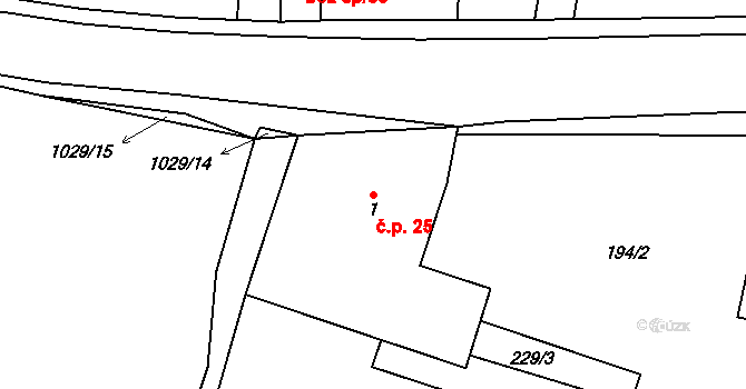 Bečváry 25 na parcele st. 1 v KÚ Bečváry, Katastrální mapa