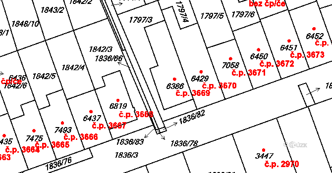Hodonín 3669 na parcele st. 6386 v KÚ Hodonín, Katastrální mapa
