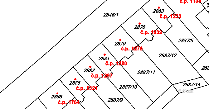 Chomutov 1280 na parcele st. 2881 v KÚ Chomutov I, Katastrální mapa