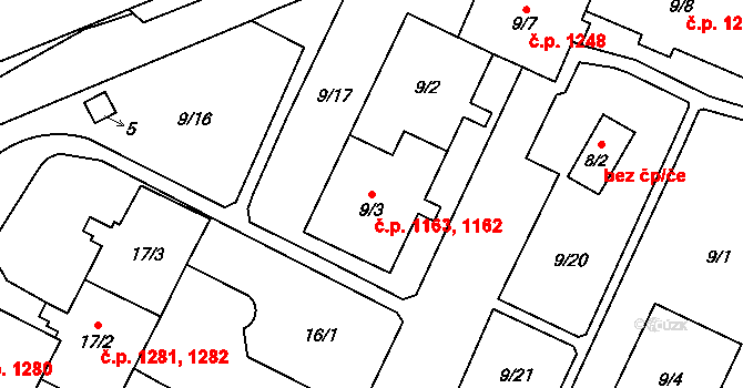 Doubravka 1162,1163, Plzeň na parcele st. 9/2 v KÚ Doubravka, Katastrální mapa