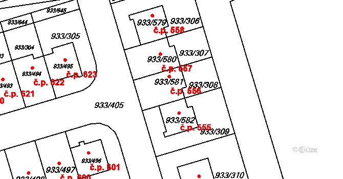 Satalice 556, Praha na parcele st. 933/581 v KÚ Satalice, Katastrální mapa