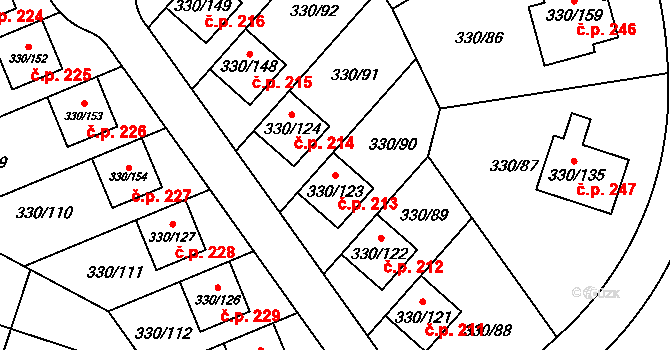 Hlušovice 213 na parcele st. 330/123 v KÚ Hlušovice, Katastrální mapa