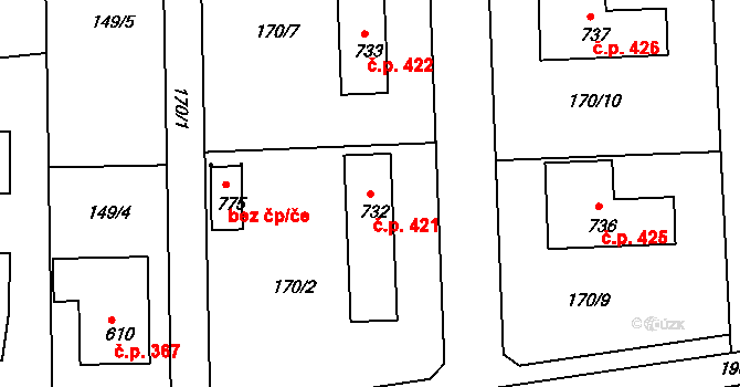 Louky 421, Zlín na parcele st. 732 v KÚ Louky nad Dřevnicí, Katastrální mapa