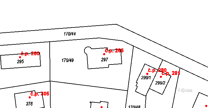 Tachlovice 265 na parcele st. 297 v KÚ Tachlovice, Katastrální mapa