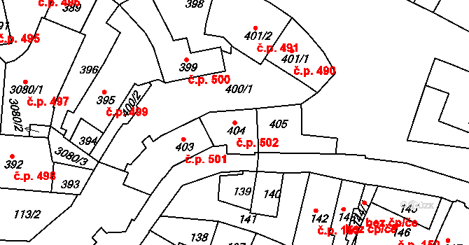 Jemnice 502 na parcele st. 404 v KÚ Jemnice, Katastrální mapa