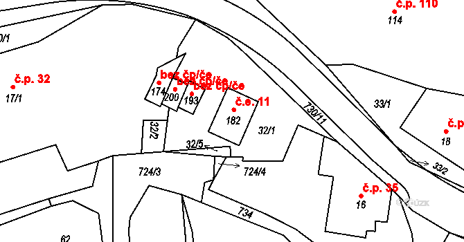 Borová 11 na parcele st. 182 v KÚ Borová, Katastrální mapa