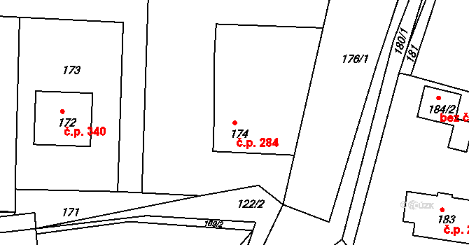 Zádveřice 284, Zádveřice-Raková na parcele st. 174 v KÚ Zádveřice, Katastrální mapa