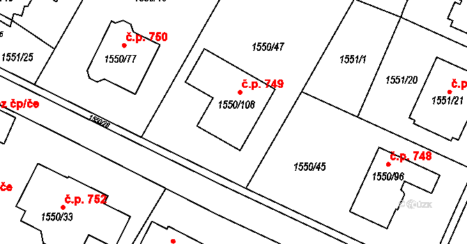Miřetice u Klášterce nad Ohří 749, Klášterec nad Ohří na parcele st. 1550/108 v KÚ Miřetice u Klášterce nad Ohří, Katastrální mapa