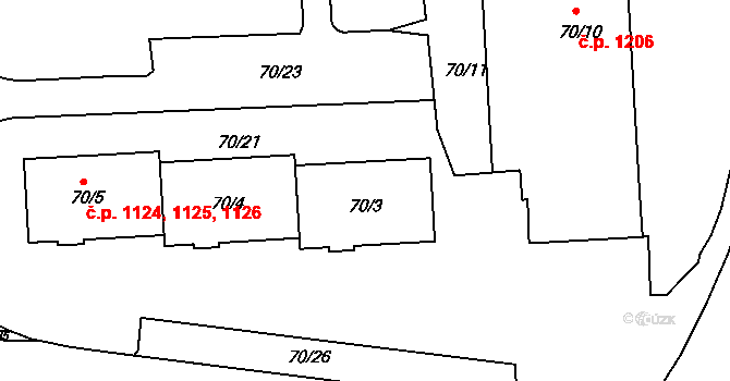 Třešť 1124,1125,1126 na parcele st. 70/3 v KÚ Třešť, Katastrální mapa