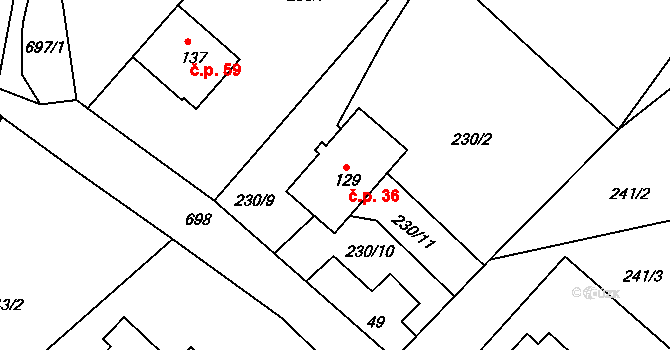 Raškov 36, Bohdíkov na parcele st. 129 v KÚ Raškov Ves, Katastrální mapa