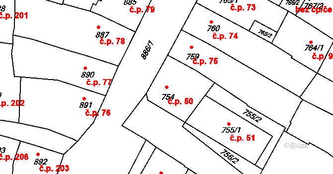 Kamenice nad Lipou 50 na parcele st. 754 v KÚ Kamenice nad Lipou, Katastrální mapa