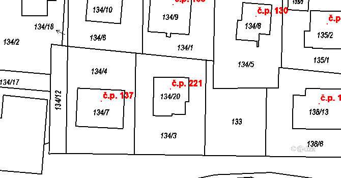 Hůry 221 na parcele st. 134/20 v KÚ Hůry, Katastrální mapa