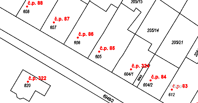 Hrádek 85 na parcele st. 605 v KÚ Hrádek u Znojma, Katastrální mapa