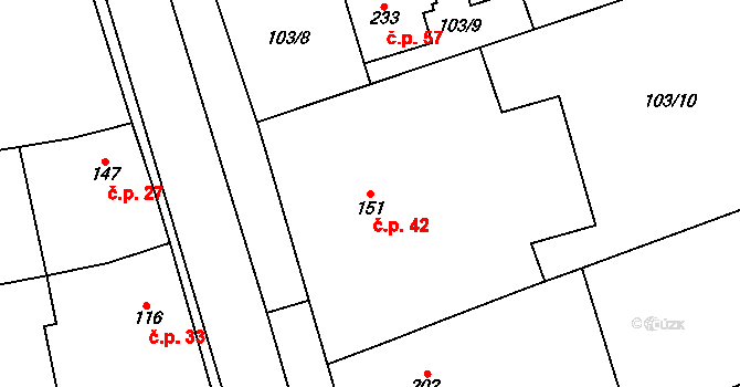 Kasárna 42, Znojmo na parcele st. 151 v KÚ Mramotice, Katastrální mapa