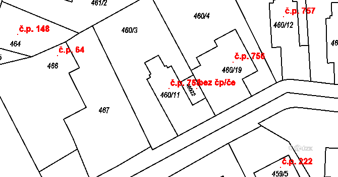 Sokolnice 755 na parcele st. 460/11 v KÚ Sokolnice, Katastrální mapa