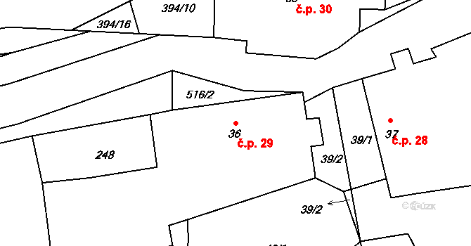 Páleček 29, Klobuky na parcele st. 36 v KÚ Páleček, Katastrální mapa