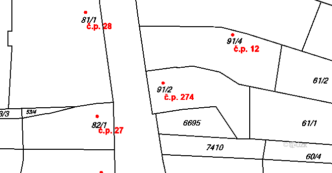Archlebov 274 na parcele st. 91/2 v KÚ Archlebov, Katastrální mapa