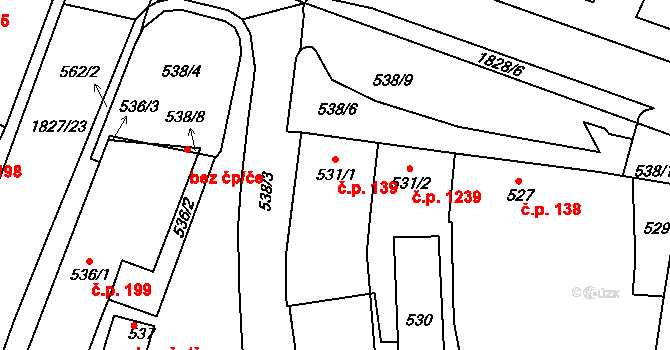 Kosmonosy 139 na parcele st. 531/1 v KÚ Kosmonosy, Katastrální mapa