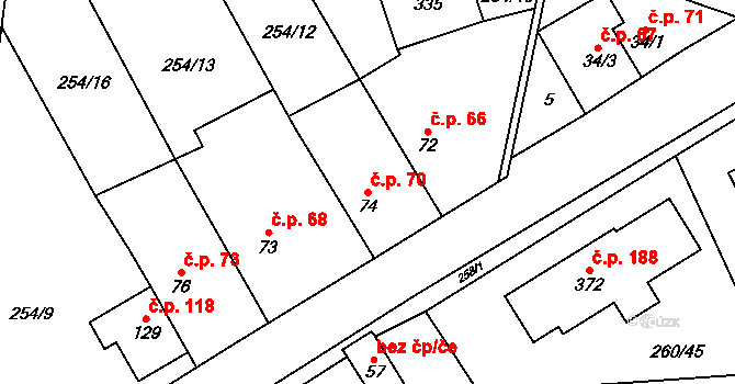 Vysoký Újezd 70 na parcele st. 74 v KÚ Vysoký Újezd u Berouna, Katastrální mapa