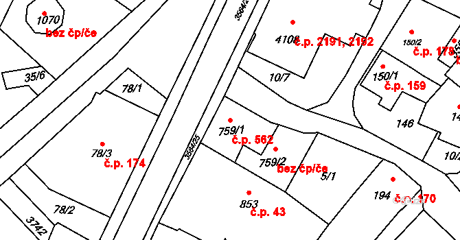 Rožnov pod Radhoštěm 562 na parcele st. 759/1 v KÚ Rožnov pod Radhoštěm, Katastrální mapa