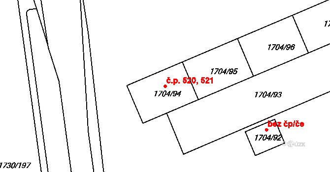 Miřetice u Klášterce nad Ohří 520,521, Klášterec nad Ohří na parcele st. 1704/94 v KÚ Miřetice u Klášterce nad Ohří, Katastrální mapa