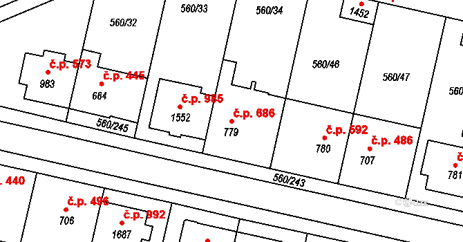 Podklášteří 686, Třebíč na parcele st. 779 v KÚ Podklášteří, Katastrální mapa