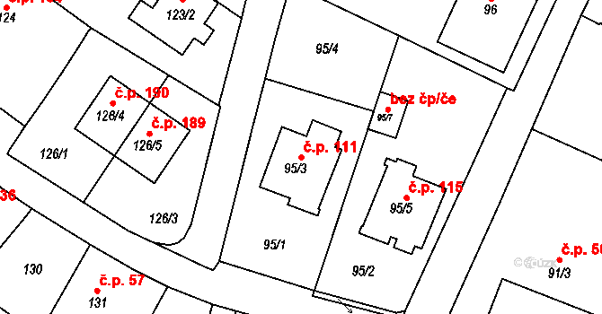 Ořešín 111, Brno na parcele st. 95/3 v KÚ Ořešín, Katastrální mapa