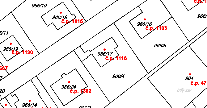 Radotín 1116, Praha na parcele st. 966/17 v KÚ Radotín, Katastrální mapa
