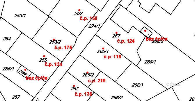 Ostrovačice 119 na parcele st. 265/1 v KÚ Ostrovačice, Katastrální mapa