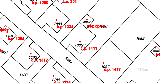Rumburk 1 1411, Rumburk na parcele st. 1085/1 v KÚ Rumburk, Katastrální mapa