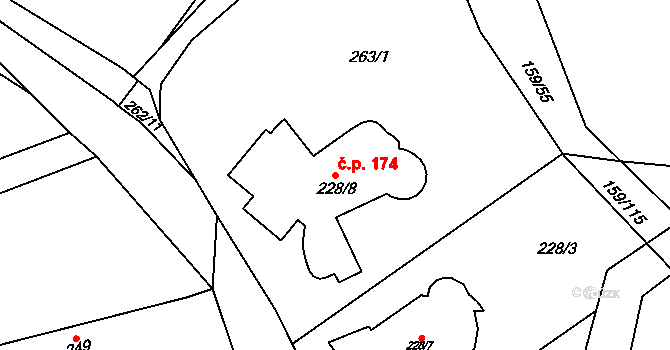 Benice 174, Praha na parcele st. 228/8 v KÚ Benice, Katastrální mapa